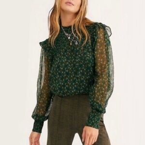 Free People Roma Blouse Smocked Mock Neck Sheer Back Tie Sheer Forest Green XS